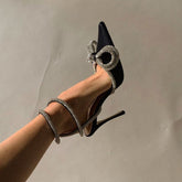 Rhinestone Pointed Toe Ankle Strap Satin Butterfly Heels - Black